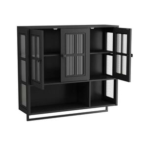 Modfu NÁSTĚNNÁ koupelnová skříňka z MDF a tvrzeného skla 88x26x82, 5 cm černá s držákem na ručníky obraz