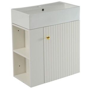 Modfu ZÁVĚSNÁ koupelnová skříňka z dřevotřísky 55x31x66 cm bílá s keramickým umyvadlem a bočními policemi obraz