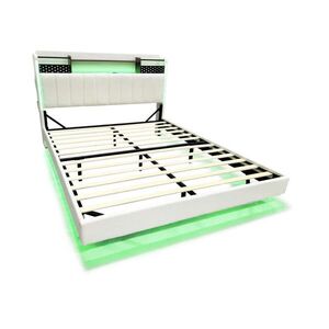 WISHDOR ČALOUNĚNÁ POSTEL 140/200 cm v béžové lněné látce s LED, USB a úložným prostorem obraz
