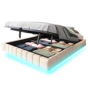 Modfu ČALOUNĚNÁ postel z látky 160x200 cm béžová s LED osvětlením, úložným prostorem a bez čela obraz