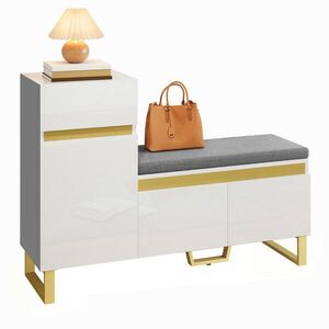 Modfu BOTNÍK z MDF 120x35x85 cm bílý s lavicí, zásuvkou a dvířky, částečně ve vysokém lesku obraz