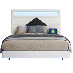SHOPENTRA ČALOUNĚNÁ postel 140/190 cm béžový samet s LED USB čelem obraz
