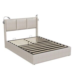 SHOPENTRA ČALOUNĚNÁ postel 160x200 cm Béžová lněná LED plynový výtah Bedbox obraz