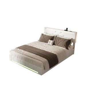 SHOPENTRA ČALOUNĚNÁ postel 140x190 cm Béžová lněná LED USB Bedbox obraz