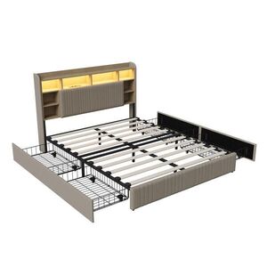 SHOPENTRA ČALOUNĚNÁ postel 160x200 béžová lněná látka, 4 zásuvky, LED, USB/USB-C obraz