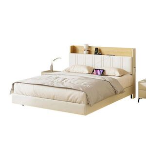 SHOPENTRA ČALOUNĚNÁ postel 160x200 cm bílá PU LED USB plovoucí postel obraz