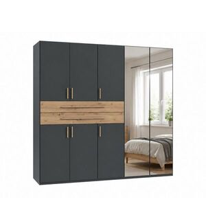 luma-home SKŘÍŇ S OTOČNÝMI DVEŘMI B225/H208/T58 cm v barvě grafit, šatní skříň se 2 zrcadlovými dveřmi, 2 zásuvkami a úchytkami v dekoru dub Artisan / obraz