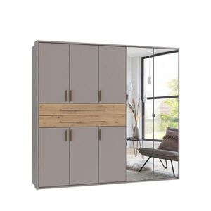 luma-home SKŘÍŇ S OTOČNÝMI DVEŘMI B228/H210/T58 cm, pískově šedá, s paspartou, 2 zrcadlové dveře, 2 velké zásuvky a úchytky v dekoru dub Artisan / 226 obraz