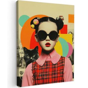 MuchoWow OBRAZ NA PLÁTNĚ Dívka - Sluneční brýle - Kočka - Retro 30x40 cm obraz