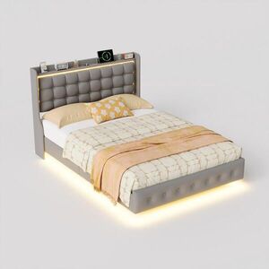 SHOPENTRA MANŽELSKÁ postel 160x200 šedý samet, RGB-LED, USB, čelo s knoflíky obraz