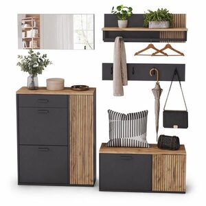 STILVORA GARDEROBNÍ SET černý se skříní na boty, zrcadlem a háčky, nábytek do předsíně s úložným prostorem, 85 × 36 × 85 cm obraz