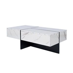 SHOPENTRA KONFERENČNÍ STOLEK Mramorový vzhled Bílá/Černá 100x50x34, 5 cm LED obraz