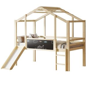 STILVORA HOCHBETT 90/200 cm in Natur Kinderbett mit Rutsche, Leiter und Tafel Massivholz Hausdesign obraz