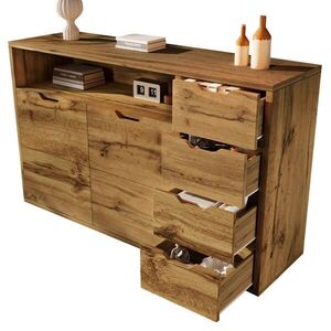 Modfu KOMODA z MDF a kovu 150x40x90 cm dubová s otevřenou policí, 2 dvířky, 4 zásuvkami a tichým dovíráním obraz