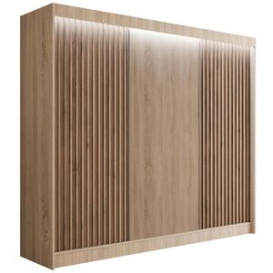 ALTDECOR ŠATNÍ SKŘÍŇ s LED osvětlením, lamelové posuvné dveře VILANv2 – 250 cm Sonoma dub + Sonoma dub + lamely z dubu wotan obraz