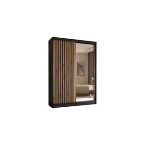 ALTDECOR ŠATNÍ SKŘÍŇ se zrcadlovými posuvnými dveřmi a hliníkovými lamelami, LED osvětlení – LAMELO – 150 cm černá+Artisan+černá obraz