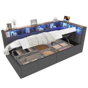 FLIEKS DENNÍ POSTEL 90x200cm Len USB-C LED Úložná Šedá obraz