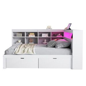 FLIEKS ČALOUNĚNÁ POSTEL 90x200cm Masiv Dřevo LED USB Úložná Bílá obraz
