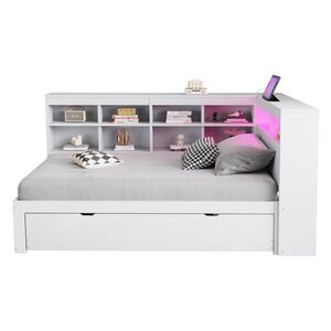 FLIEKS ČALOUNĚNÁ POSTEL 90x200cm Masiv Dřevo LED USB Úložná Bílá obraz