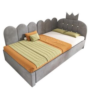 OKWISH ROZKLÁDACÍ postel 90/200 cm šedá ze sametu s výsuvným lůžkem a opěrkou s korunkou obraz