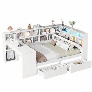 OKWISH ROHOVÁ postel 140/200 cm bílá z MDF a překližky s psacím stolem, regálem a LED obraz