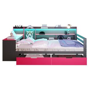 OKWISH MULTIFUNKČNÍ postel 140/200 cm černá s červenou z dřeva s psacím stolem, LED a zásuvkami obraz