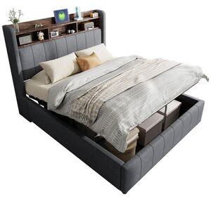 WISHDOR ČALOUNĚNÁ POSTEL 140x200 cm šedá s lněným vzhledem, úložným prostorem, LED osvětlením, USB a Type-C portem obraz
