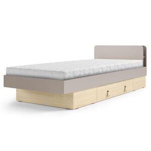 Beautysofa POSTEL Sorella 90 × 200 cm s lamelovým roštem a úložnou zásuvkou, s matrací 26 cm, porcini + dub Mavelie obraz