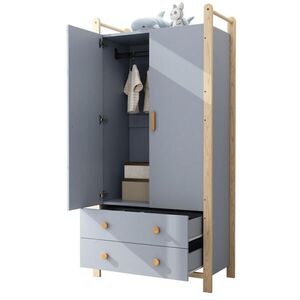 Modfu ŠATNÍ skříň z masivní borovice a MDF 89, 6x44x180, 5 cm modrá/přírodní se šatní tyčí a 2 zásuvkami obraz