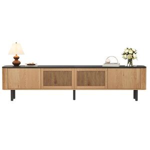 Modfu TV stolek z MDF a dřevotřísky 190x35x45 cm dubový s úložným prostorem, mřížkovými dvířky a kovovými nohami obraz