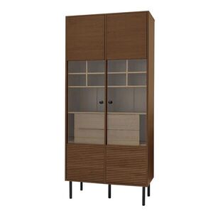 Modfu VITRÍNA z MDF v dekoru 75.5x35x164.5 cm ořechu se skleněnou částí, zásuvkami, dvířky a kovovými nožkami obraz