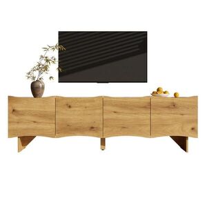 Modfu TV stolek z dřevotřísky 155x36x47 cm přírodní se 4 dvířky, vedením kabelů a vlnitým dekorem obraz