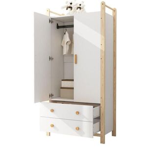 OKWISH ŠATNÍ skříň 90/45/180, 5 cm přírodní a bílá z MDF a masivního dřeva s tyčí a zásuvkami obraz