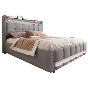 OKWISH ČALOUNĚNÁ postel 160/200 cm světle šedá z lněné tkaniny s LED, USB a úložným prostorem obraz