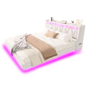 WISHDOR ČALOUNĚNÁ POSTEL 180 × 200 cm v béžovém sametu s LED osvětlením, USB, USB-C, policí a odkládací policí obraz
