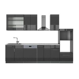 Vicco KUCHYŇSKÝ KOUT Fame-Line Antracitový vysoký lesk 300 cm s vysokou skříní, PD Mramor obraz