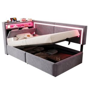 Modfu ČALOUNĚNÁ postel z sametu 90x200 cm světle šedá s LED osvětlením, USB portem a hydraulickým úložným prostorem obraz