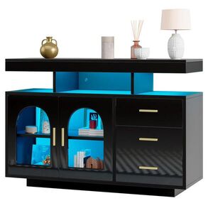 Modfu PŘÍBORNÍK z dřevotřísky 120x40x80 cm černý s LED osvětlením, 3 zásuvkami a akrylátovými dvířky obraz