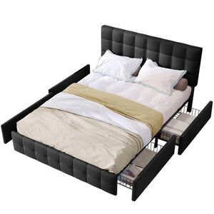WISHDOR ČALOUNĚNÁ POSTEL 140/200 cm v černé lněné látce se 4 zásuvkami a nastavitelným čelem obraz