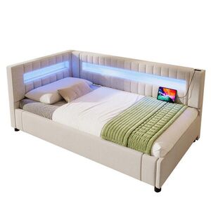 WISHDOR ROZKLÁDACÍ POHOVKA 90/200 cm v béžové lněné látce s úložným prostorem, LED osvětlením, USB a Type-C obraz