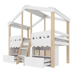FLIEKS POLOVYSOKÁ POSTEL 90x200cm Bílá Přírodní 2 Zásuvky LED obraz