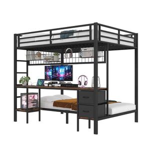 STILVORA HOCHBETT 140/200 cm in Schwarz mit Schubladen, Regal, LED und USB obraz