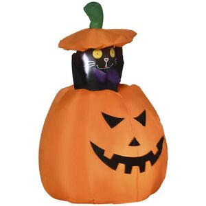 Outsunny 115 cm nafukovací halloweenská dekorace Duch z dýně s pohyblivou kočkou a LED obraz