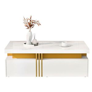 Redom KONFERENČNÍ stolek 100/50/40 cm se 2 zásuvkami, vysokým leskem a mramorovým dekorem, Bílá obraz