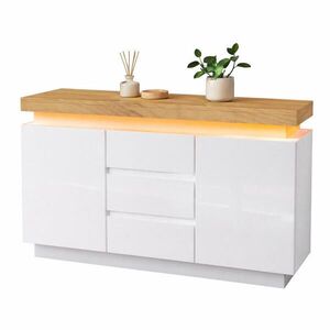 STILVORA KUCHYŇSKÁ SKŘÍŇ bílá lesklá, zásuvky, LED osvětlení, do obývacího pokoje a ložnice, 140×39×81 cm obraz