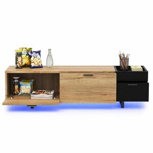 STILVORA TV STOLEK přírodní a černý, se zásuvkami a otevřenými přihrádkami, do obývacího pokoje, 180×38×49 cm obraz