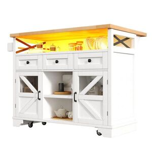 STILVORA KUCHYŇSKÝ OSTROV bílý kuchyňský vozík s LED osvětlením, skládacím stolem a 3 zásuvkami do kuchyně, 120x71x98 cm obraz