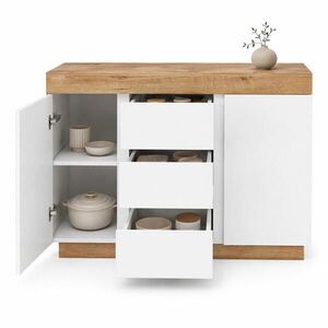 STILVORA KUCHYŇSKÁ SKŘÍŇ bílá a dubová, 3 zásuvky, 2 dvířka, do ložnice a obývacího pokoje, 120, 5×40, 2×82, 5 cm obraz