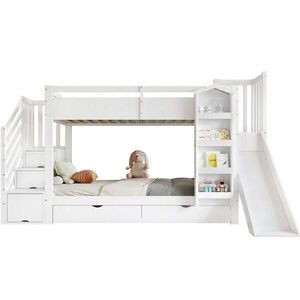 Redom PALANDA 90/200 cm s knihovnou, 2 zásuvkami, skluzavkou a schodištěm, masivní dřevo/MDF, Bílá obraz