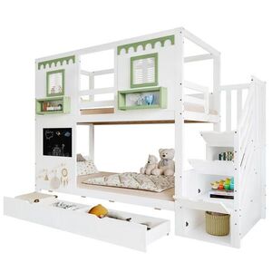 STILVORA ETAGENBETT 90/200 cm in Weiß & Grün Kinderbett mit 2 Schubladen, Treppenregal und Lochwand obraz